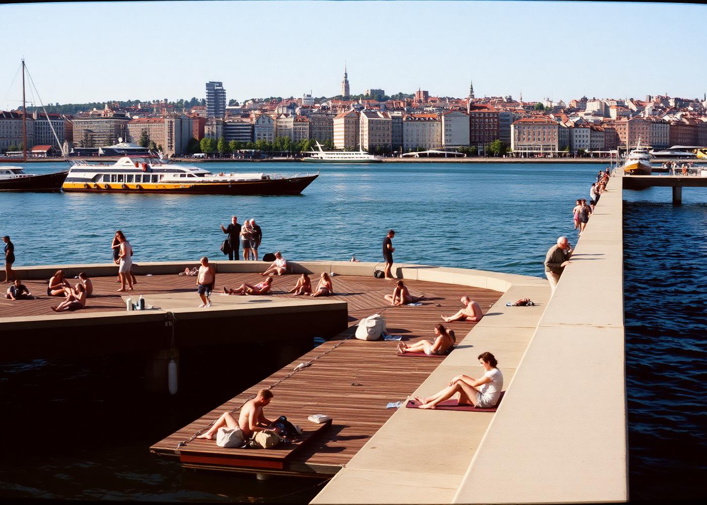People sitting on wooden decks along the Copenhagen harbour on a sunny afternoon