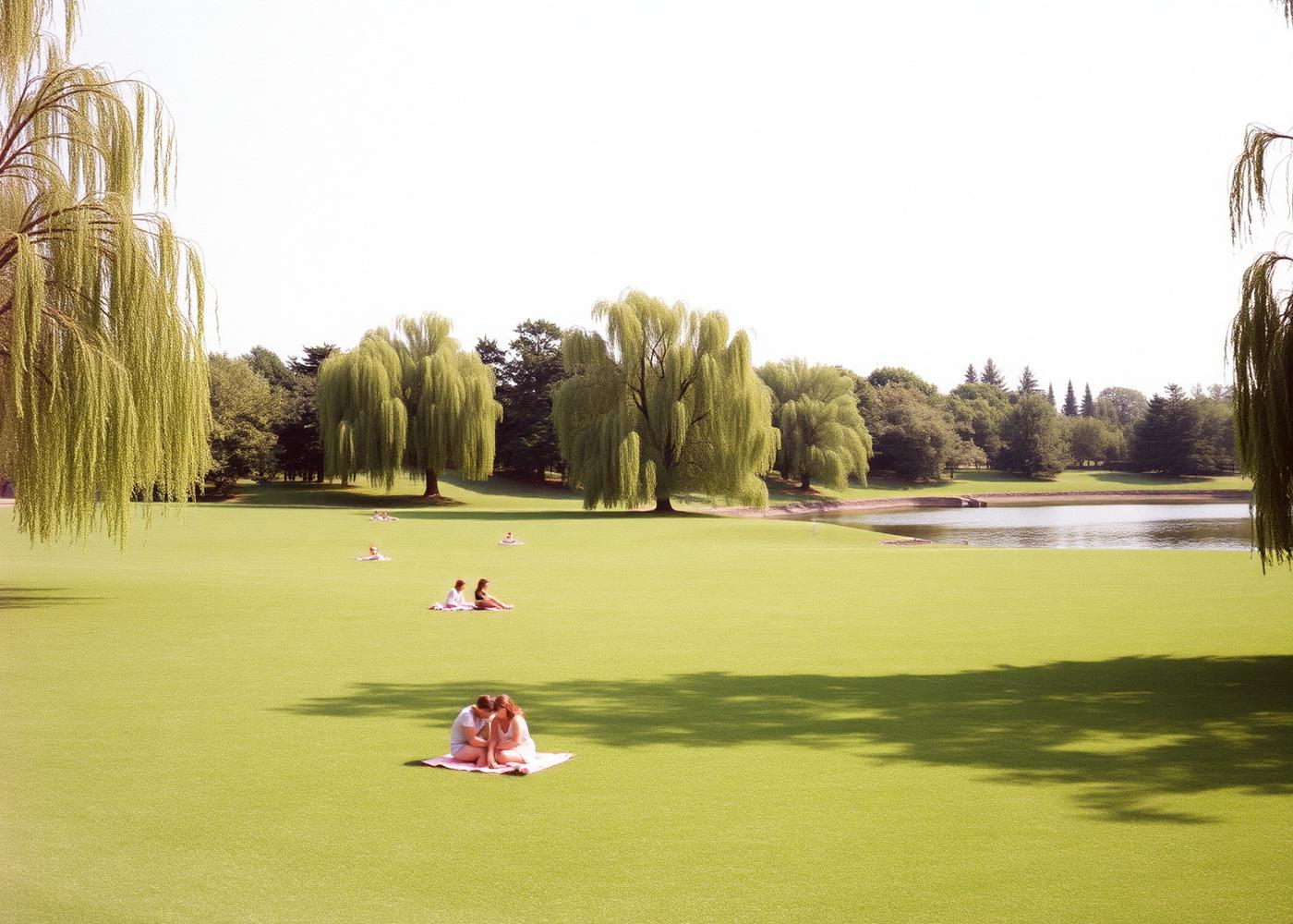 Wide lawn with willow trees and a lake in a Copenhagen park on a summer day